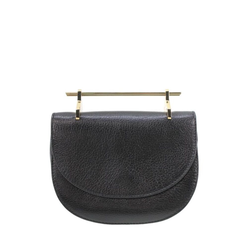 m2malletier Womens Grained Leather Mini Half Moon Lux Handbag Black Gold Tone